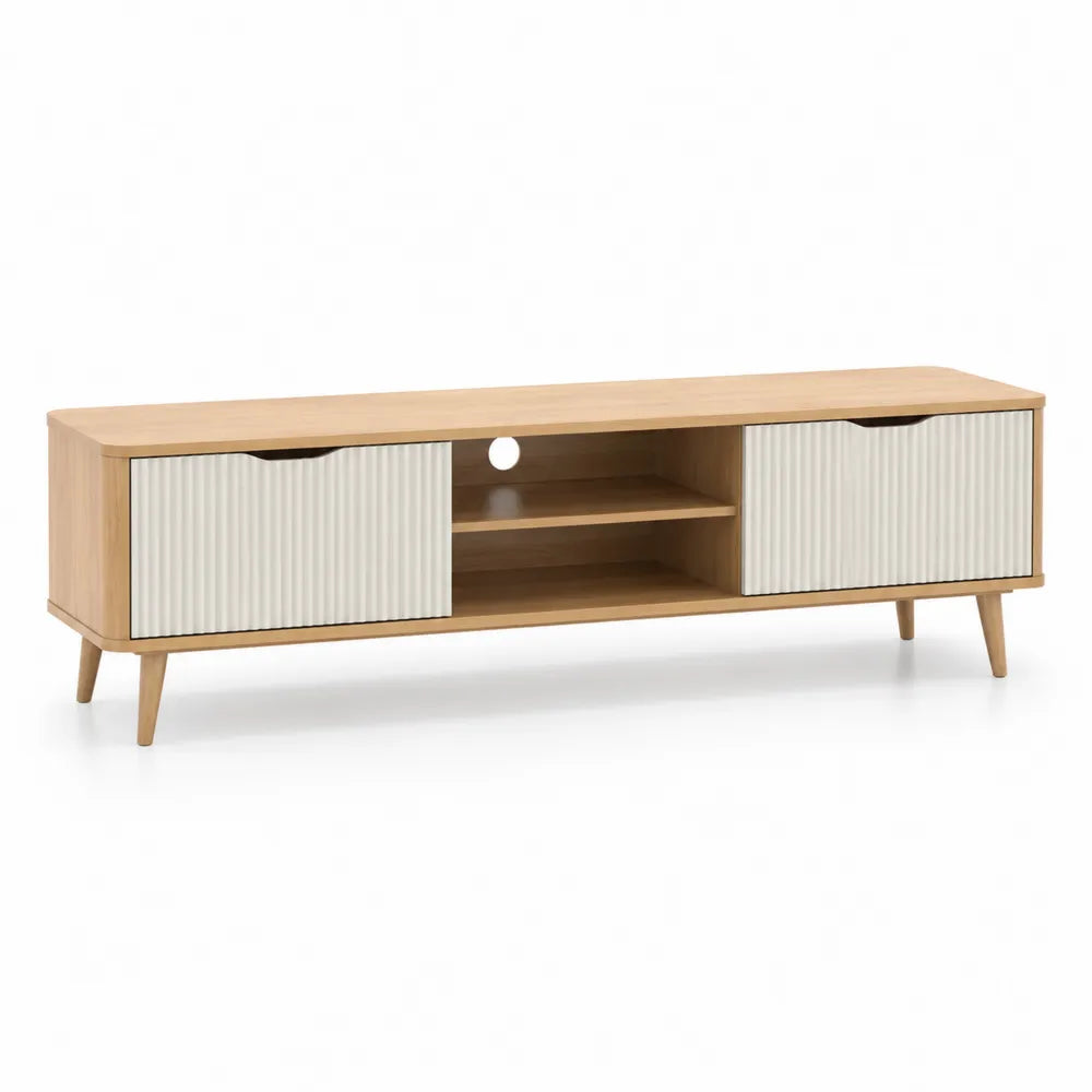 TV-Lowboard mit Schiebetüren 180 x 40 x 50 cm Holzwerkstoff Naturholz Weiß rechteckig mit Kabeldurchlass
