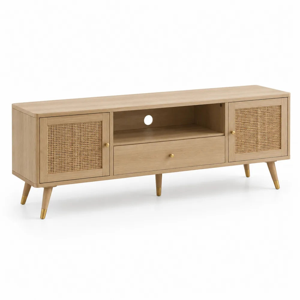 TV-Lowboard 160 x 40 x 55 cm Holzwerkstoff Naturholz Rattangeflecht mit Schublade offene Fächer goldfarbene Griffe