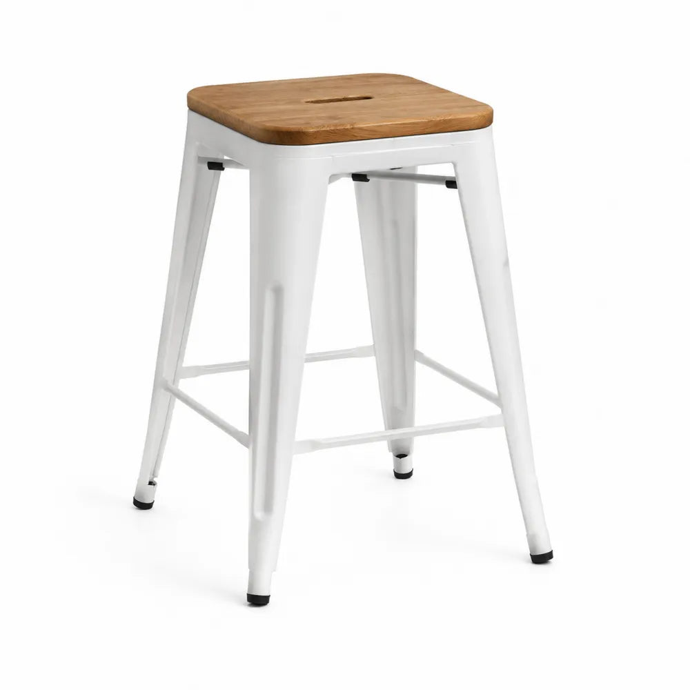 Hocker 43 x 43 x 70 cm Stahl weiß Holz natur quadratisch mit Fußstreben und Grifföffnung