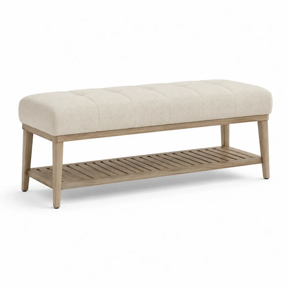 Schlafzimmerbank 120 x 40 x 45 cm Polsterbank mit Ablagefläche Bouclé Bezug Beige Holzgestell rechteckig