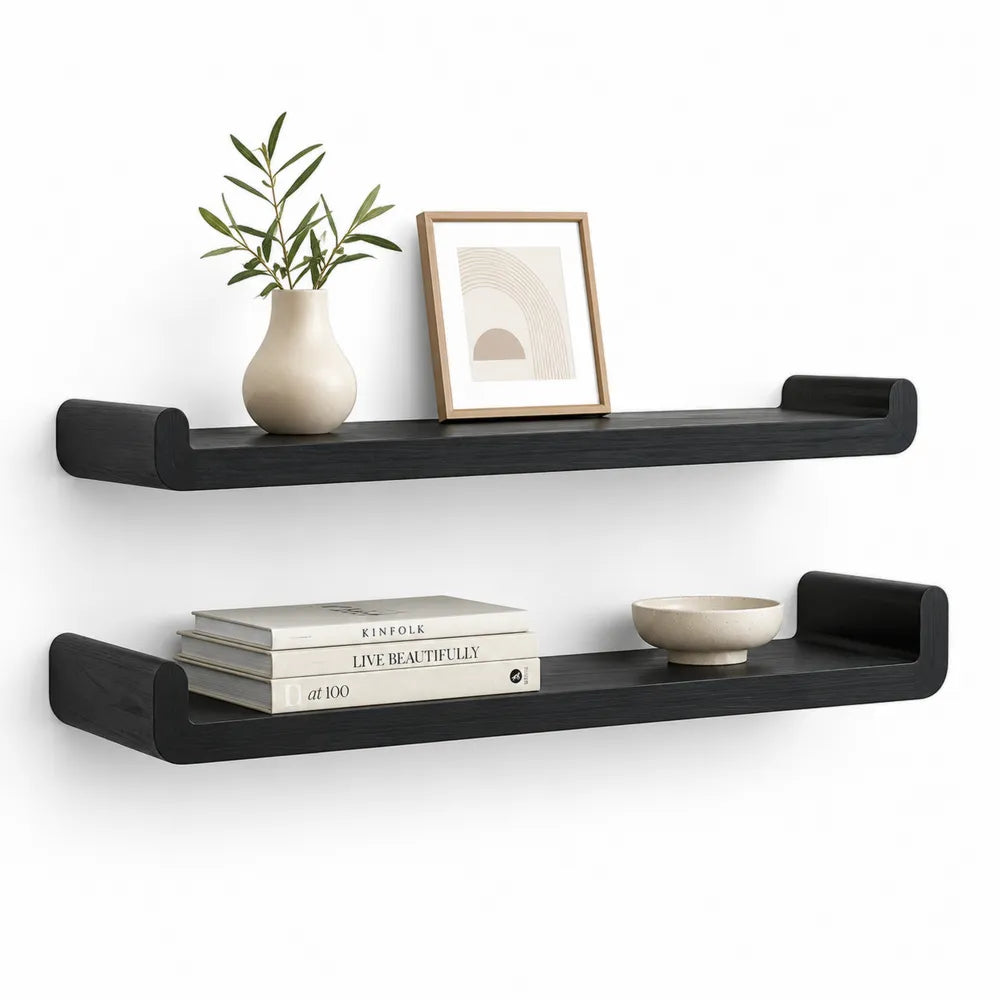 Wandregal 2er Set 100 cm x 15 cm x 5 cm MDF Schwarz U Form mit abgerundeten Seiten
