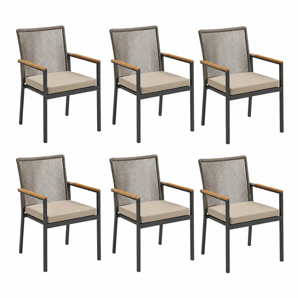 Gartenstuhl Set 6 Stück 56 cm x 60 cm x 85 cm Stahlrahmen Schwarz Seilgeflecht Grau mit Sitzkissen und Holzarmlehnen