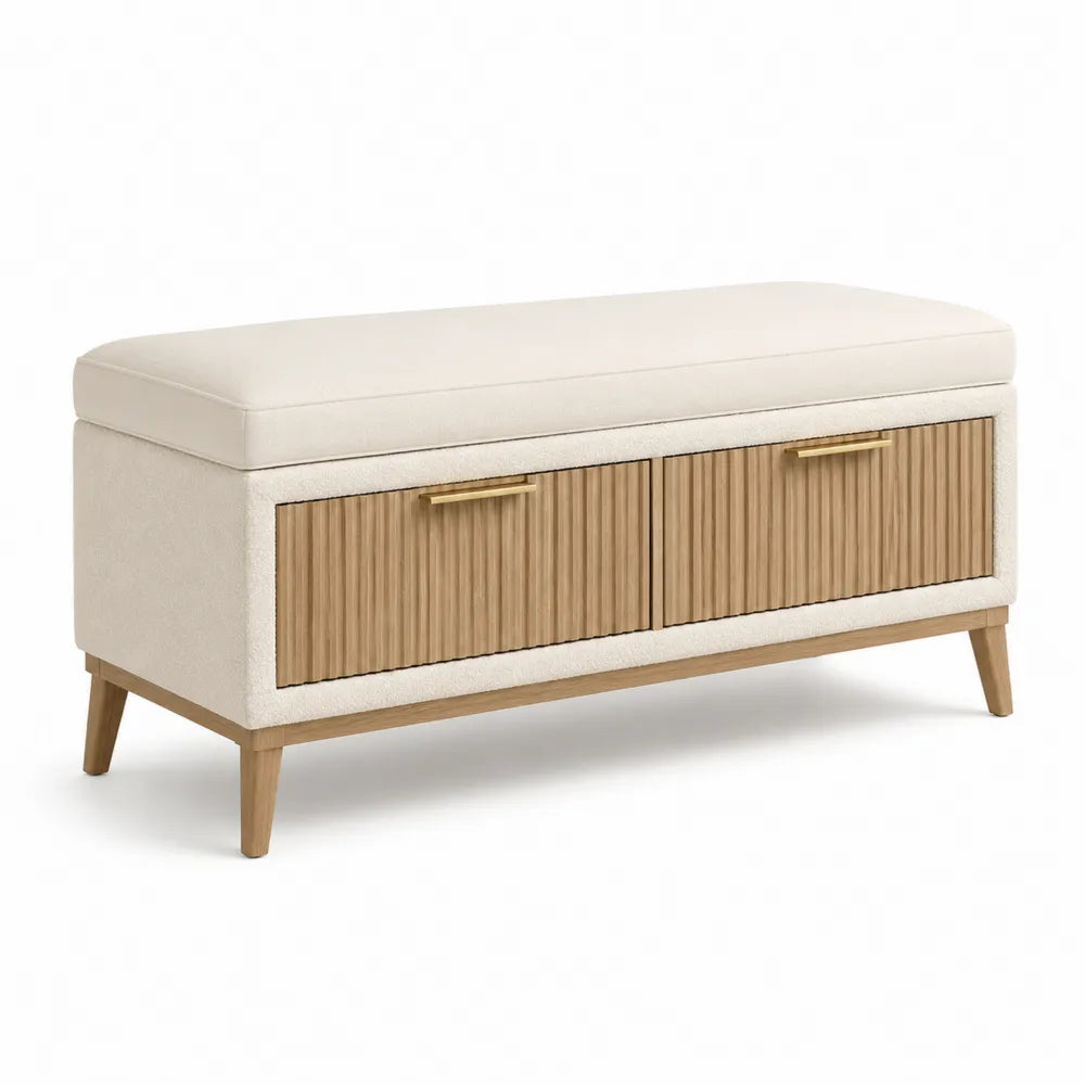 Bettbank mit Stauraum 2 Schubladen Bouclé Polster MDF Holzoptik Beige Gold 140 x 40 x 45 cm