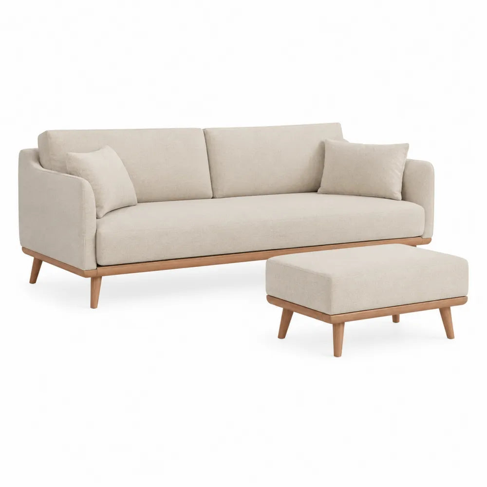 Sofa mit Hocker Set 200 x 85 x 85 cm 2-teilig 3-Sitzer Polstersofa Beige Holzrahmen Naturholzoptik
