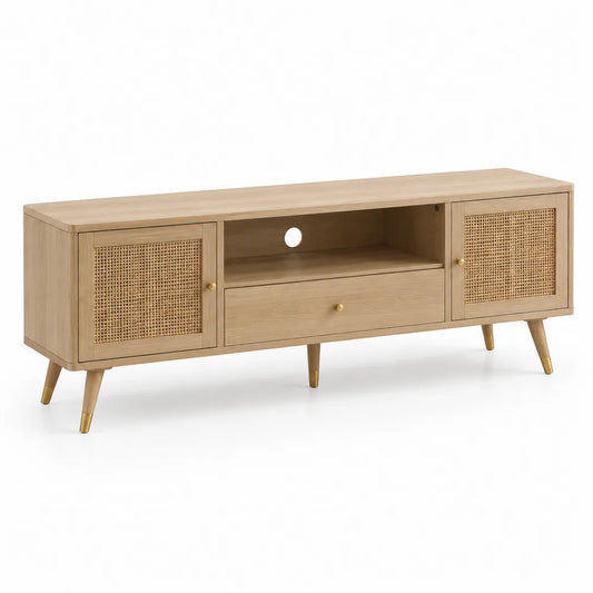TV-Lowboard 160 x 40 x 55 cm Holzwerkstoff Naturholz Rattangeflecht mit Schublade offene Fächer goldfarbene Griffe