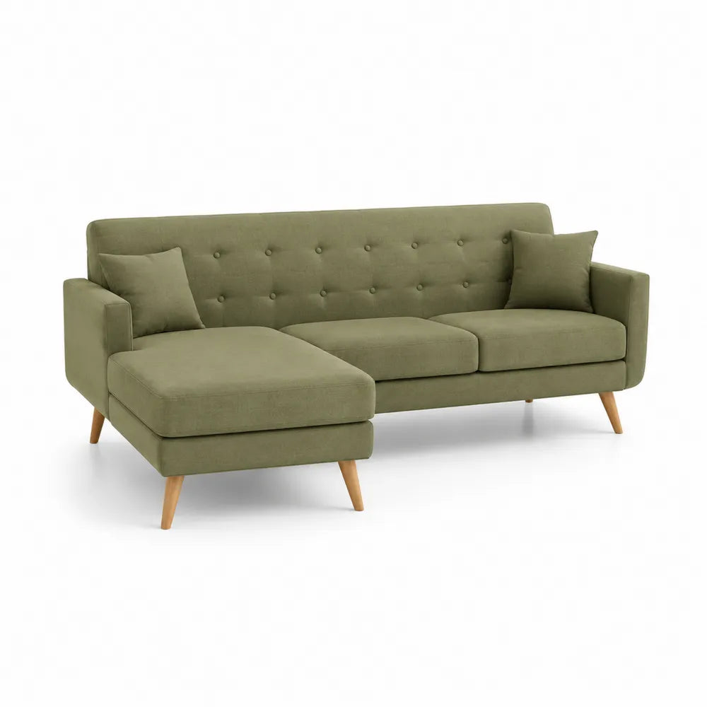 L Form Sofa 220 cm x 150 cm x 85 cm 3 Sitzer mit Ottomane links Polyester Grün Holzfüße