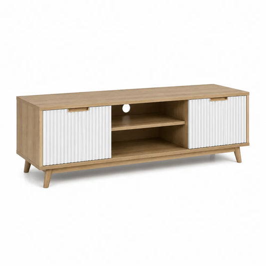 TV Lowboard 180 cm x 40 cm x 50 cm MDF Melamin Naturholz Weiß Schiebetüren Rillenfront Kabelöffnung Holzfüße