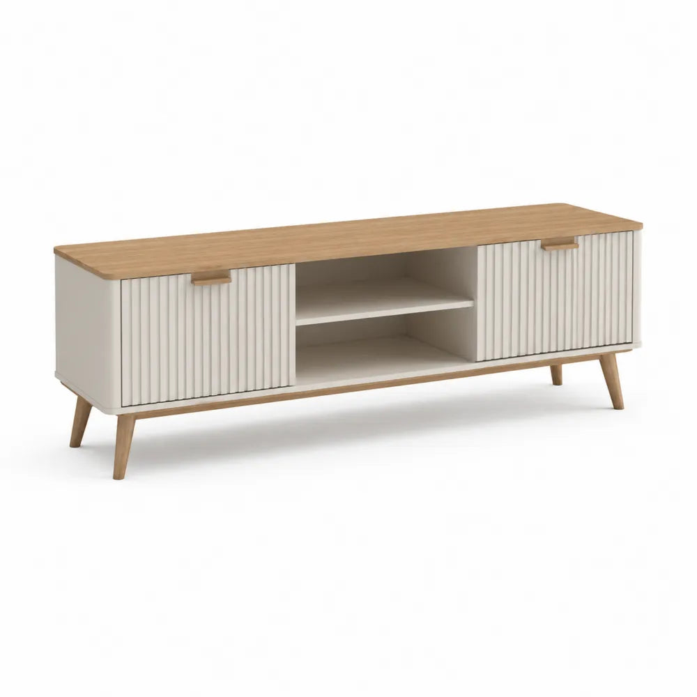 TV Lowboard 160 x 40 x 50 cm Holzwerkstoff Eiche Weiß mit Schiebetüren gerillte Front rechteckig