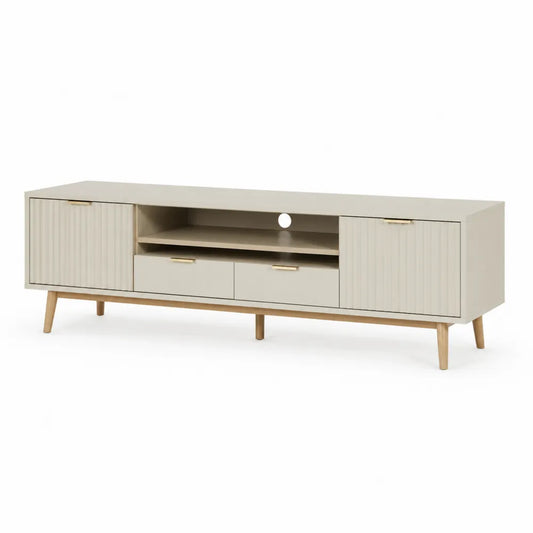 TV Lowboard 180 cm x 40 cm x 50 cm MDF Melamin Naturholz Weiß Rillenfront Goldgriffe Holzfüße