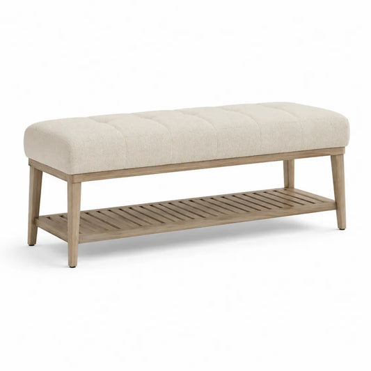 Schlafzimmerbank 120 x 40 x 45 cm Polsterbank mit Ablagefläche Bouclé Bezug Beige Holzgestell rechteckig