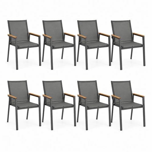 Gartenstuhl 8er Set stapelbar 56 x 60 x 88 cm Stahlrahmen Textilene Anthrazit mit Armlehnen in Holzoptik