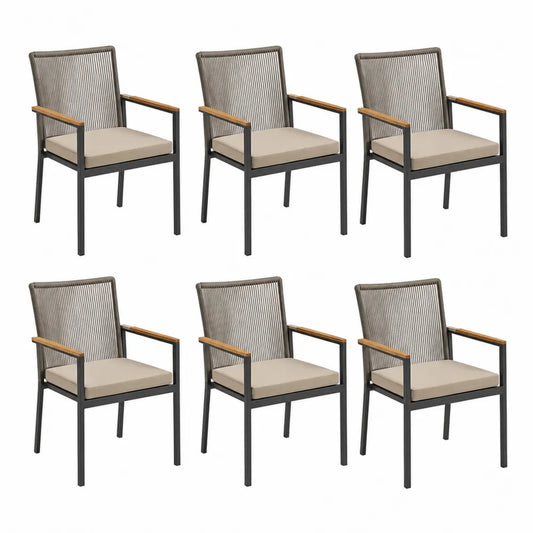 Gartenstuhl Set 6 Stück 56 cm x 60 cm x 85 cm Stahlrahmen Schwarz Seilgeflecht Grau mit Sitzkissen und Holzarmlehnen