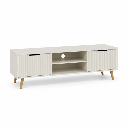 TV-Lowboard 160 x 40 x 45 cm Holzwerkstoff Weiß Naturholz mit Schiebetüren und offenem Fach rechteckig