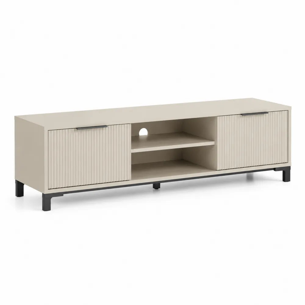 TV-Lowboard 180 x 40 x 50 cm mit 2 Türen und offenem Fach Holzwerkstoff Naturholzoptik Rillenfront Kabeldurchführung Metallfüße Schwarz