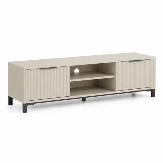 TV-Lowboard 180 x 40 x 50 cm mit 2 Türen und offenem Fach Holzwerkstoff Naturholzoptik Rillenfront Kabeldurchführung Metallfüße Schwarz