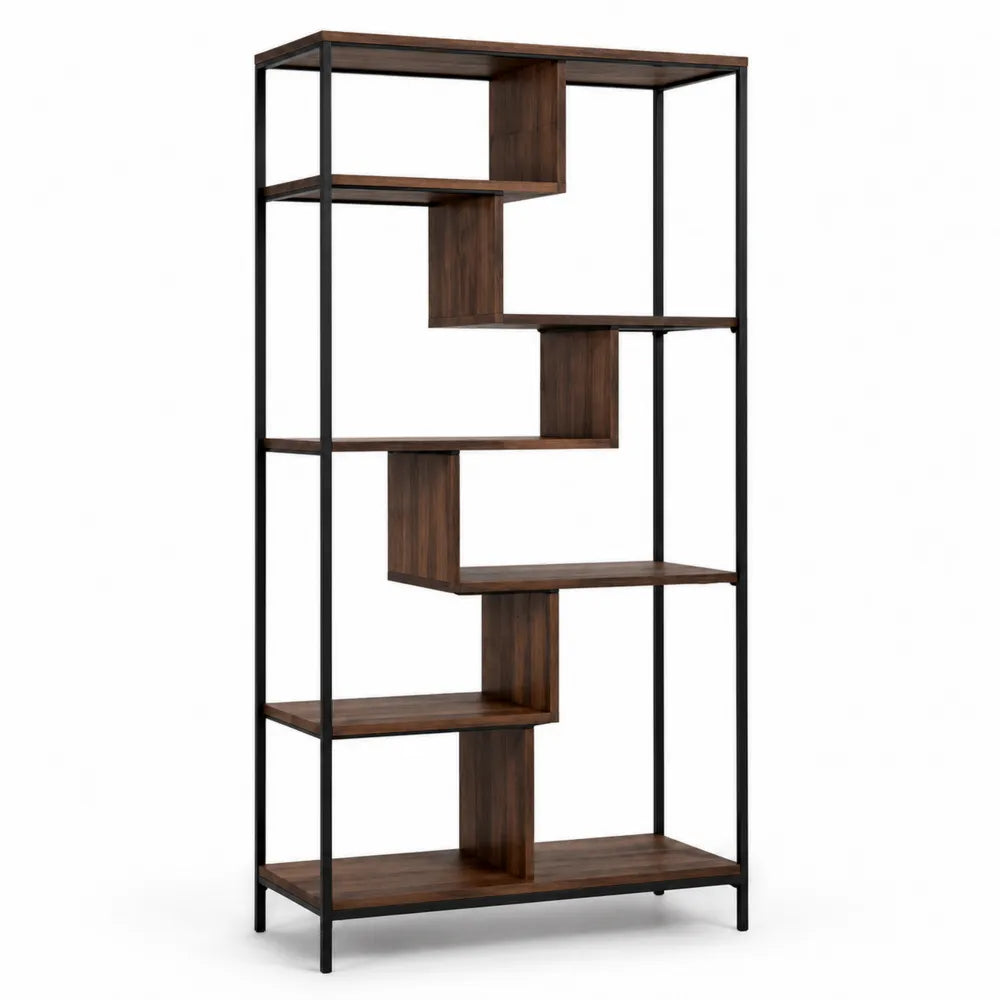 Bücherregal 5 Ebenen 80 x 30 x 180 cm Stahlrahmen Schwarz Holzoptik Nussbaum offenes Standregal asymmetrische Fächer