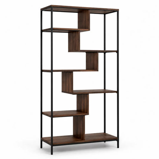 Bücherregal 5 Ebenen 80 x 30 x 180 cm Stahlrahmen Schwarz Holzoptik Nussbaum offenes Standregal asymmetrische Fächer